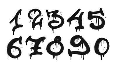 Urban graffiti numbers drip paint set. Black on white, 1, 2, 3, 4, 5, 6, 7 8, 9. Vector textured illustration. Numbers from zero to nine. Set of graffiti number spray. 90s Elements decoration. © LanaSham