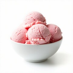 Delicious pink strawberry ice cream scoops piled in a white bowl, perfect for a sweet treat.