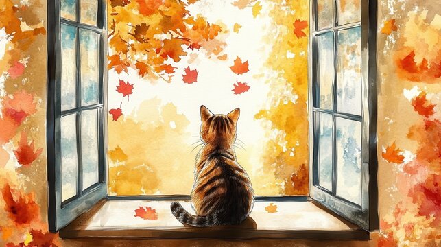 Cat sitting by open window watching autumn leaves in watercolor scene illustration