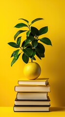 Books, citrus plant, yellow background, education, still life, nature