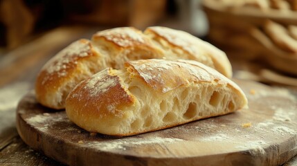 Naklejka premium Freshly Baked Bread on Wooden Board with Flour Dusting Closeup