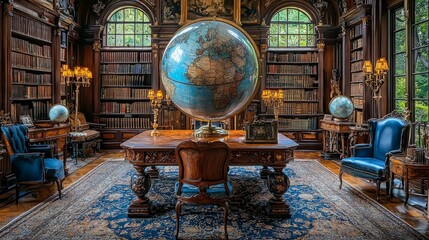 Obraz premium Ornate Library, Globe, Luxurious Room