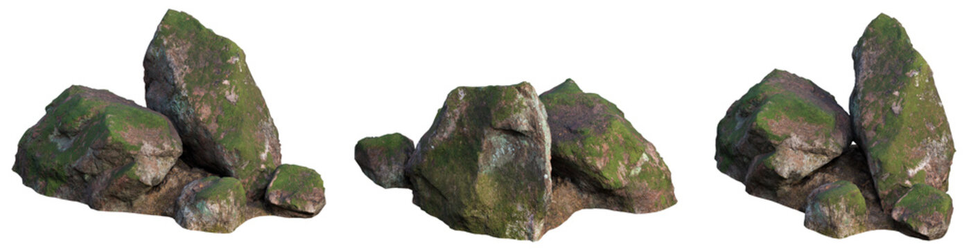 Jagged Mossy Boulders &ndash; Nordic Forest Rocks with Natural Green Moss, 3D PNG