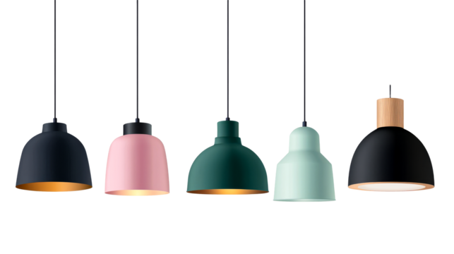 Colorful Pendant Lights on Black Background, cut out transparent