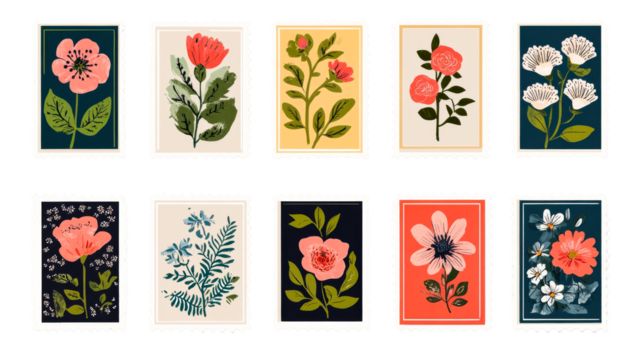 Vintage floral stamps with various blooms, botanical illustration, cut out transparent - Powered by Adobe