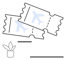 Two travel tickets featuring airplane images beside a small decorative potted plant. Ideal for travel, booking, vacation, tourism, holidays, global journeys, minimalist lifestyle. Flat simple