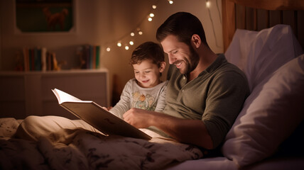Father and son reading a bedtime story in cozy bedroom with string lights and bookshelf in warm evening light