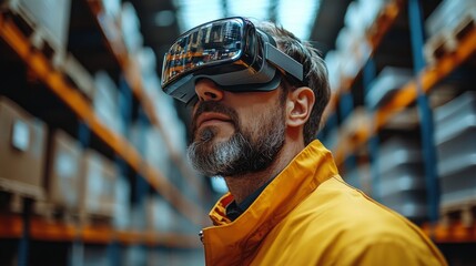 A professional wearing virtual reality goggles engages in advanced logistics management within a bustling warehouse. This technology enhances efficiency in fulfillment and distribution tasks.