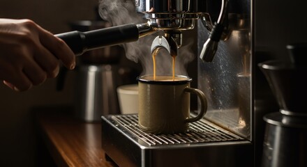 Making Fresh Espresso with Steaming Coffee Machine Into a Rustic Mug