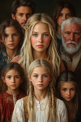 Obraz premium A large family portrait, painted in a classical style. The subjects gaze directly at the viewer