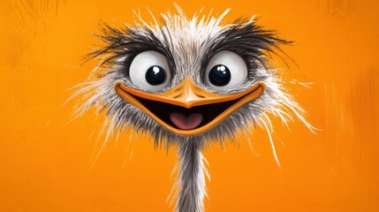 a whimsical cartoon ostrich character beams with joy against a bright orange backdrop, exuding playfulness and charm, capturing a lighthearted spirit perfect for children's illustrations illustration