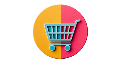 Digital shopping cart on bicolor circle background, cut out transparent