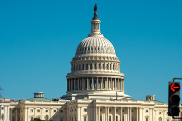 Naklejka premium The Capitol symbol of democratic. Independence Day. The United States Capitol governance. Congress in Washington, DC. American democracy. The Capitol historic building. Capitol on skyline.