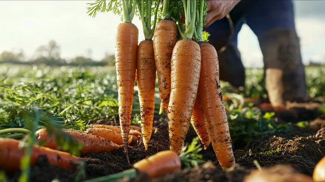 Freshly harvested carrots pulled from rich, dark soil in a vibrant farm setting.