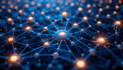 3D Blockchain Network with Glowing Nodes – Deep Blue Cyber Theme