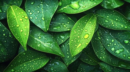 Obraz premium Vibrant green soursop leaves glisten with dew-kissed water droplets, refracting light and showcasing nature's intricate beauty in a mesmerizing display of freshness and serenity. illustration