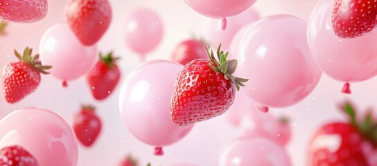 Strawberry podium stage product display background, pink in color, with strawberries flying around, minimalist style