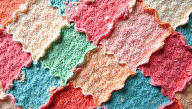 Close-up of intricate traditional patchwork pattern in soft pastel hues on ramie textile, design, vintage