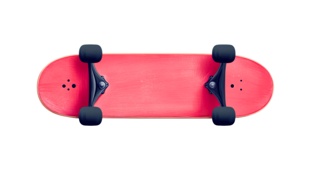 Top-down view of pink skateboard with black wheels, cut out transparent - Powered by Adobe