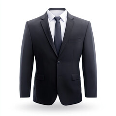 A classic black suit, impeccably tailored, exuding confidence and sophistication against a clean white background.