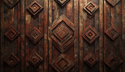 Ornate, weathered wooden panels with intricate geometric carvings