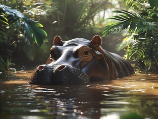 Fototapeta premium Hippo Swimming in the Muddy River Surrounded by Lush Rainforest
