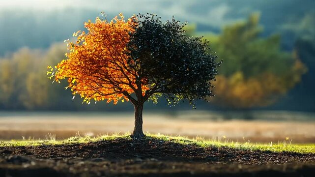 A conceptual representation of duality featuring a tree half in vibrant autumn colors and the other half with dark stark foliage on a sunny day