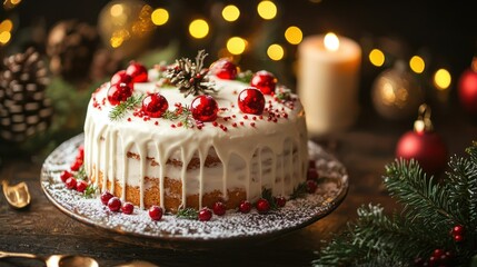 Christmas cake on a cozy holiday table. 
