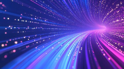 Obraz premium Abstract purple and blue light streaks with a digital dot pattern emanating outwards. illustration