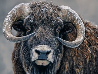Naklejka premium Musk Ox Portrait Covered in Snow with Massive Horns Close Up