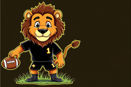 Cartoon rugby lion in black jersey #1, sports competition, with space for text
