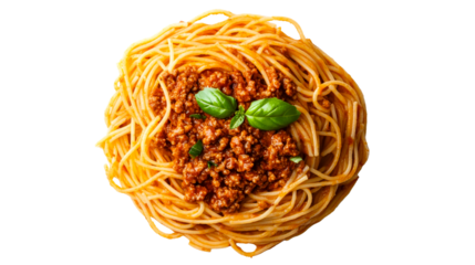 Spaghetti with meat sauce and basil garnish, cut out transparent