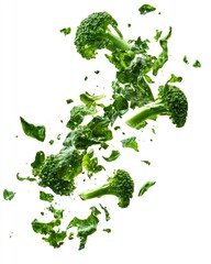 Fresh broccoli florets in mid-air, bursting with vibrant green color