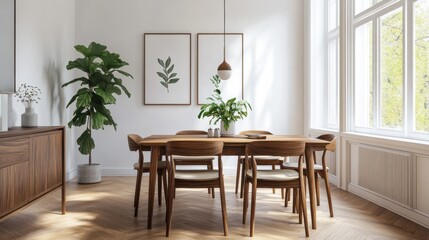 Cozy Scandinavian dining area with natural light and wooden furniture, 8K high resolution with copy space illustration