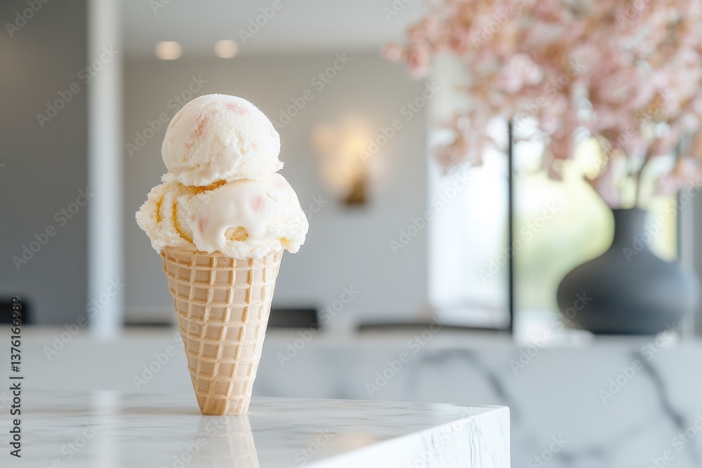 Aufkleber enjoying a delicious ice cream cone in a modern cafe setting with elegant decor and vibrant floral a