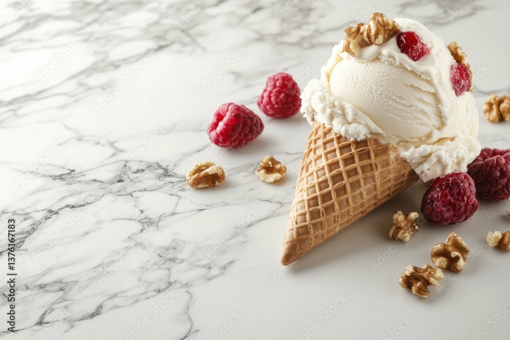 Aufkleber delicious waffle cone filled with creamy vanilla ice cream topped with raspberries and walnuts on ma