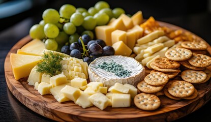Artisan cheese and fruit platter.  Assorted cheeses, grapes, and crackers