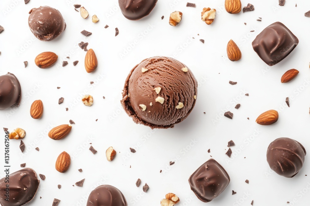 Aufkleber indulgent chocolate ice cream surrounded by nuts and candies on a white surface during a dessert pre
