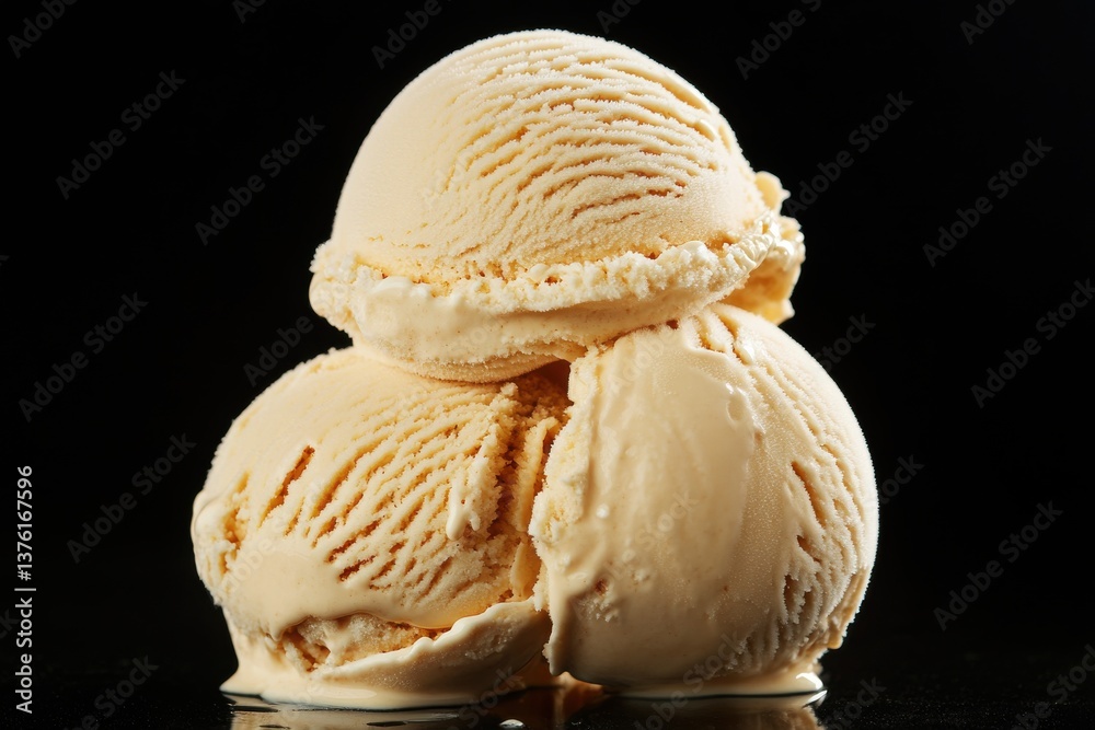 Poster Creamy vanilla ice cream scoops stacked on a dark surface in a playful arrangement with a glossy finish