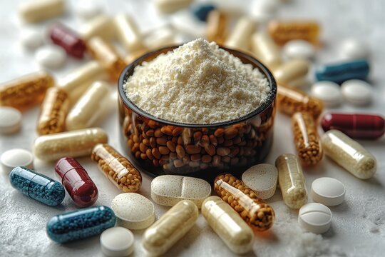Various supplements and powders displayed in a bowl and scattered on a surface for nutrition and wellness