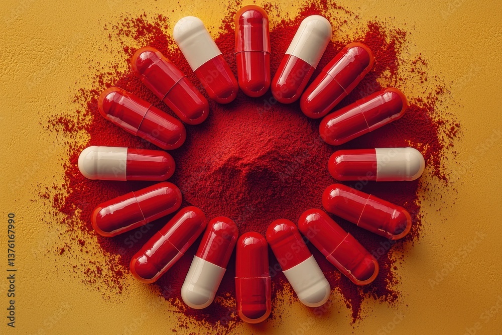 Aufkleber capsules arranged in a circular pattern around red powder on a vibrant yellow surface