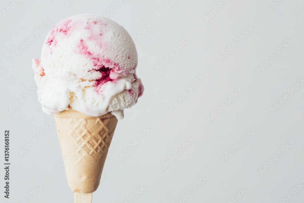 Aufkleber Creamy vanilla ice cream with swirls of raspberry on a waffle cone enjoyed on a warm sunny day