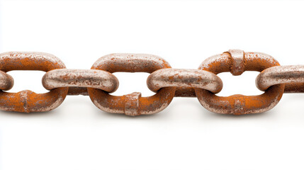 Obraz premium close-up of a rusty metal chain on a white background. strong weathered iron links represent strength and aging, with detailed textures.