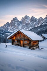 Naklejka premium snowy cabin in the mountains with a mountain range in the background