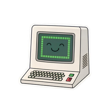 Vintage computer cartoon with smiling face on retro monitor screen