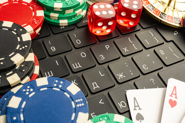 High-energy stock photo showcasing a tech setup for gambling, depicting themes of luck, gaming, and technology integration in the entertainment or casino industry