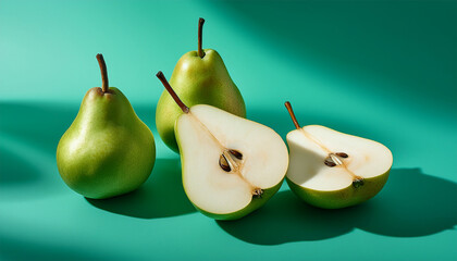 fresh green pears and their halves displayed on a mint background showcasing their juicy interior with shadows and vibrant textures for a minimal organic aesthetic