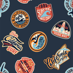 California west coast surfing badges patchwork wallpaper vintage vector seamless pattern for boy kids surf wear fabric shirt board short sticker