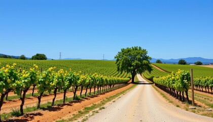 A beautiful vineyard road winding through rows of grapes under a blue sky.