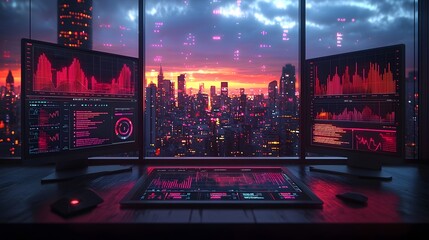 A futuristic professional workspace with holographic data visualizations